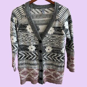 Cardigan Jacket Long Sleeve Womens S Black White Red Button Up Aztec Design‎